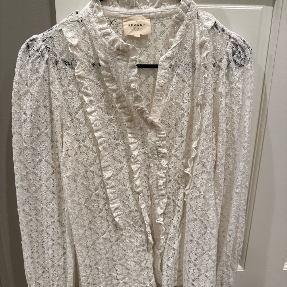 Sezane Ivory Lace Top with Ruffles